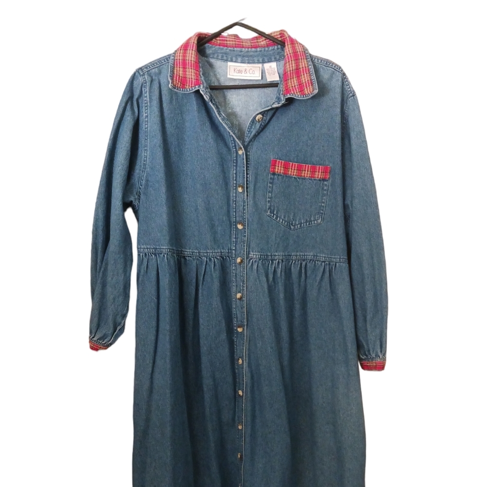 Vntg Kate & Co Denim Plaid Accents Button-down Long Sleeve Dress w Deep Pockets